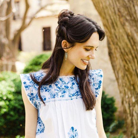 Mi Golondrina Blue & White Cielo Mexicano Flores Blouse - Size Small - Picture 10 of 12